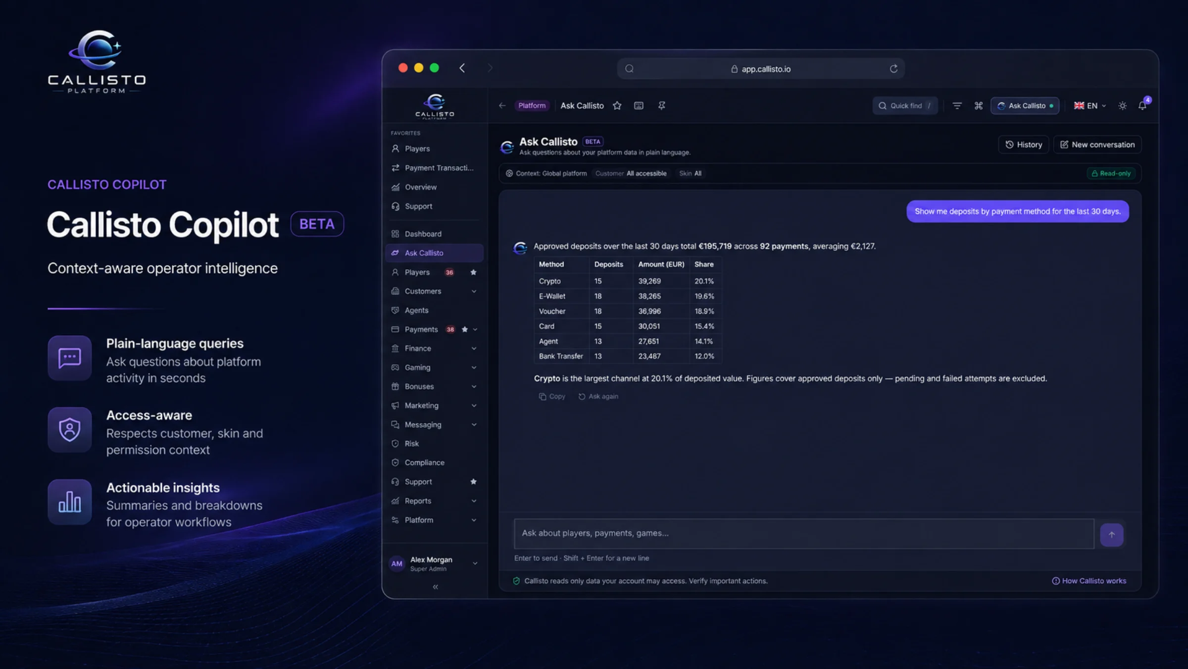 Callisto Copilot answering a question about deposits by payment method