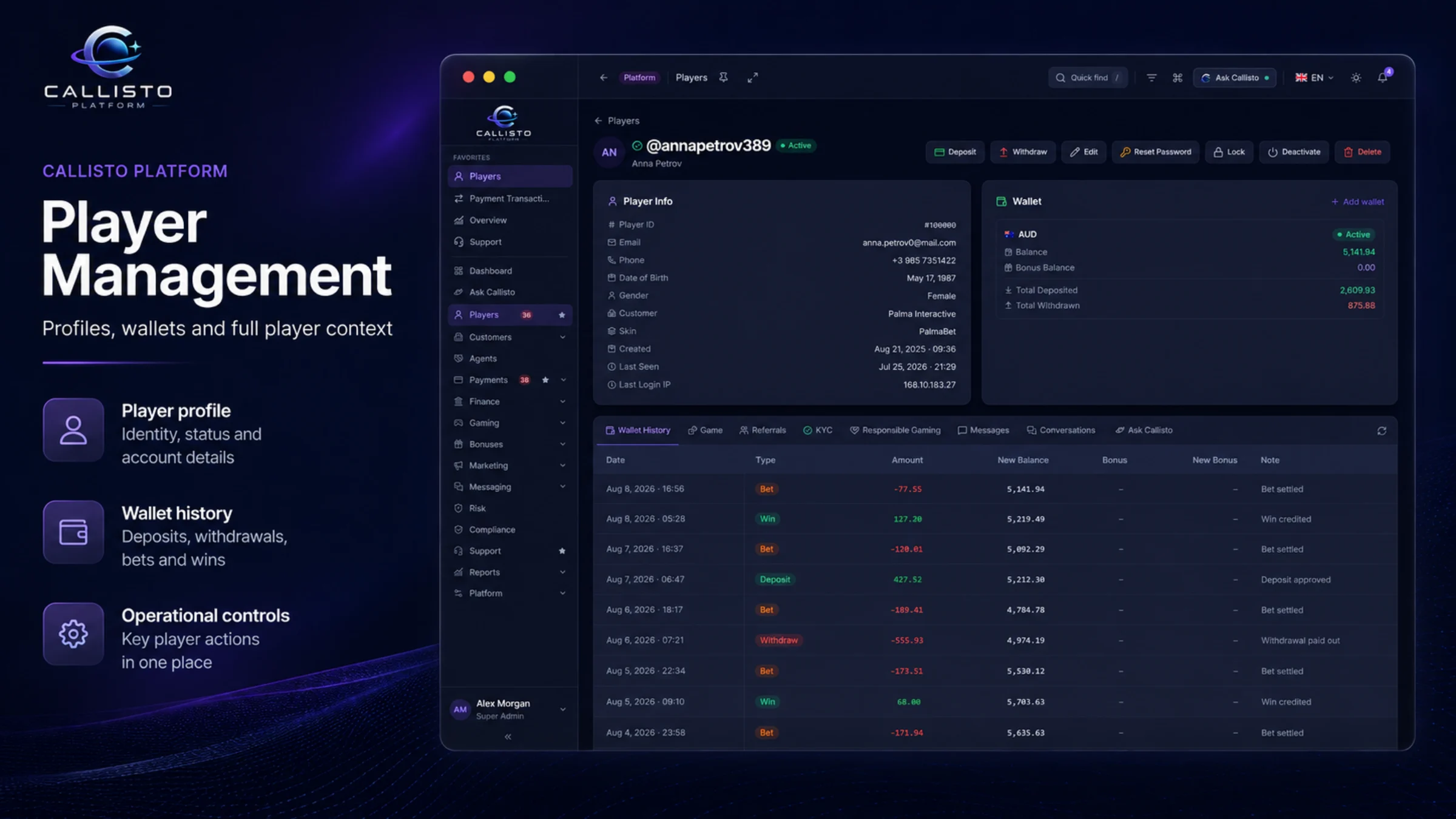 Player profile in Callisto with wallet balance and full transaction history