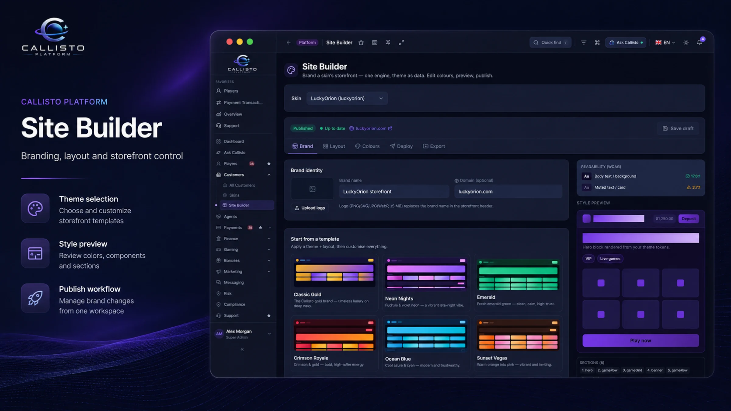 Callisto Site Builder with brand theme, domain and published storefront status