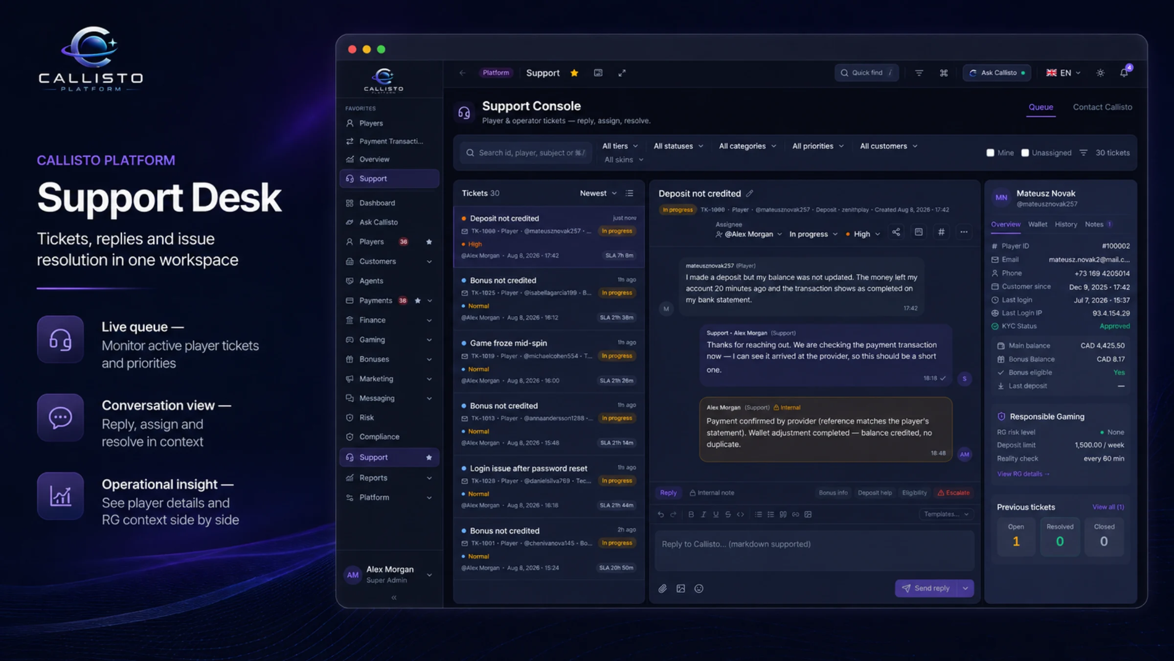 Callisto support console with a ticket queue and the selected conversation